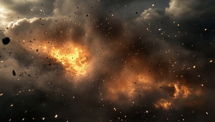 Fiery explosion in dark stormy clouds with debris.