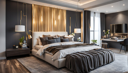 modern bedroom with a king size bed and elegant lamps