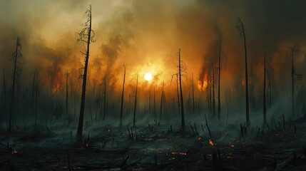 Fototapeta premium Dramatic Scene of Forest Fire with Smoke and Silhouetted Trees