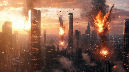 Obraz premium Explosions in a Urban Skyline During Dramatic Sunset Scene