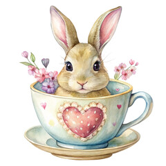 A cute rabbit is sitting in a pink cup with flowers Valentine Clipart Watercolor