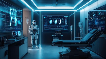 Fototapeta premium Futuristic Hospital Room with Medical Robot and Advanced Technology