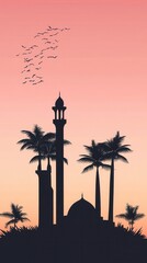 Silhouette of Mosque at Sunset with Palm Trees and Birds.