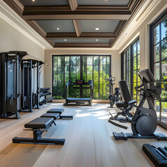 Modern home gym with fitness equipment and large windows overlooking a garden. Generative AI