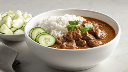 Delicious Bowl of Beef Curry with Rice and Fresh Cucumber Slices