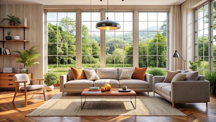 Obraz premium Cozy living room with large window and modern furniture, Living Room, Comfortable Seating