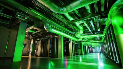 Obraz premium High-Tech Data Center Interior with Green Ambient Lighting