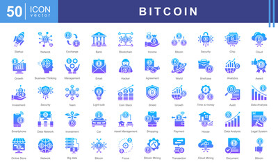 Naklejka premium Bitcoin theme icon set embodies the essence of cryptocurrency, blockchain technology, and digital finance. This collection includes modern, sleek icons designed for fintech, trading, and investment.