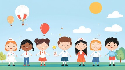 Fototapeta premium Cheerful Children in Colorful Clothing Holding Hands Under a Bright Sky with Balloons and Sunshine, Promoting Unity, Joy, and Friendship in a Playful Scene