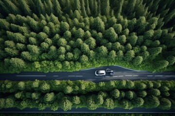 Fototapeta premium Aerial view of a highway with cars surrounded by lush green trees and a river crossing under a bridge