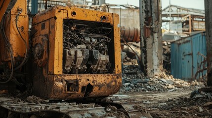 Fototapeta premium Close-Up of Industrial Excavator Engine in Abandoned Site