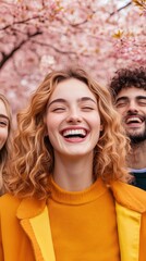 Obraz premium Joyful young adults enjoying a sunny spring day surrounded by beautiful cherry blossoms, smiling brightly against a backdrop of blooming pink flowers in a park setting.