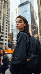 Fototapeta premium Young woman in urban setting wearing stylish black jacket