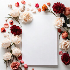 Dried flowers artistically surround a blank piece of paper.