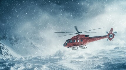 Fototapeta premium Red Helicopter Flying in Snowy Mountain Landscape During Blizzard