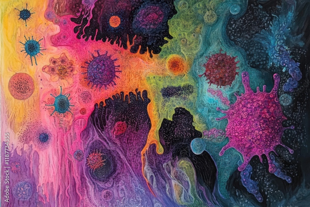 Leinwandbilder A vibrant artwork illustrates the transformation and mutation of a virus through dynamic colors and intricate patterns, reflecting microscopic life