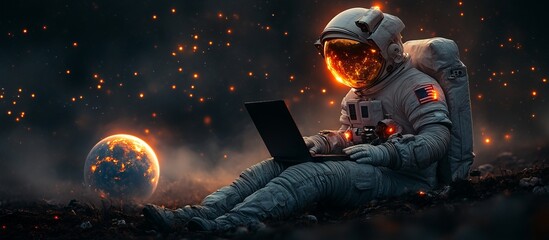 Naklejka premium A man in a spacesuit is sitting on the ground with a laptop in front of him