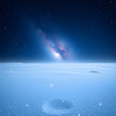 A serene winter landscape set in a vast, starry space, where snowflakes gently fall onto a blanket of pristine white powder, covering the ground and surrounding celestial bodies in a. Generative AI 