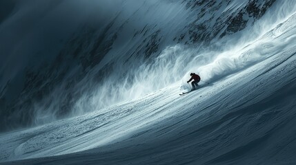 Skier Descending Snowy Slope Surrounded by Wind and Snow Clouds
