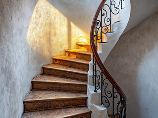  Beautiful spiral staircase with iron railings and wooden steps, lit by natural light.  © Fiaz Gulab 