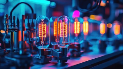 Vintage Vacuum Tubes with Neon Glow in Modern Technology Setup