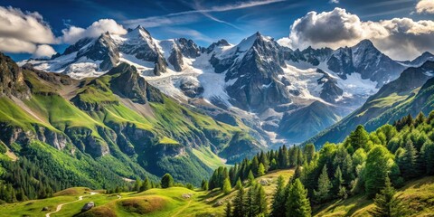 Fototapeta premium Aosta Valley Snow Capped Mountains, Italian Alps, Val Paradiso National Park, Scenic Landscape, Green Valley, Hiking Italy