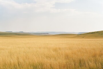 Obraz premium Golden prairie landscape with rolling hills under clear sky