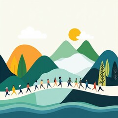 Colorful Illustration of Diverse People Walking Together in a Scenic Landscape with Mountains, Trees, and a Bright Sun, Representing Unity and Connection to Nature