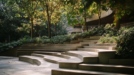 Naklejka premium Serene urban park amphitheater with curved stone steps surrounded by lush greenery