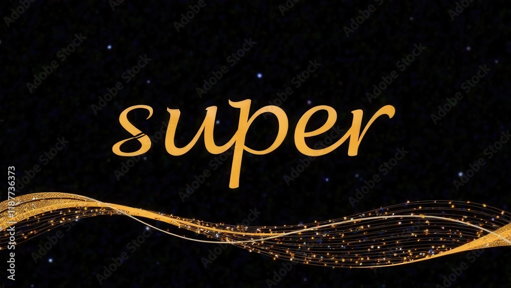 Poster golden text spelling out super with dynamic swirling patterns and sparkles on a dark background, cre