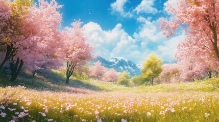 Discover the splendor of nature against a backdrop of spring. The sunny day was enhanced by a blue sky, trees, and a hazy blossoming glade. A sight to behold