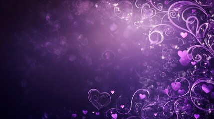 A deep violet background covered in glittering swirls and flourishes of purple and silver. Subtle heart patterns shimmer within the design.