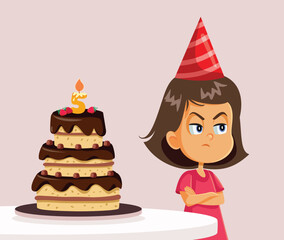 Unhappy Brat Kid Not Liking her Birthday Cake Vector Cartoon. Bratty behavior feeling joyless at her own anniversary 
