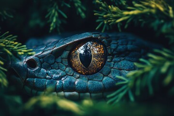 Fototapeta premium Close-up of a snake's eye, scales detailed. Illustrates danger, mystery, wildlife, nature.
