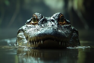 Close-up of alligator's head in water; sharp teeth and eyes visible. Perfect for wildlife documentaries, nature articles, or thriller projects.