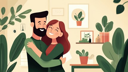 Happy Couple Embracing in a Cozy Indoor Environment Surrounded by Houseplants, Perfect for Home Decor Inspiration and Relationship Imagery