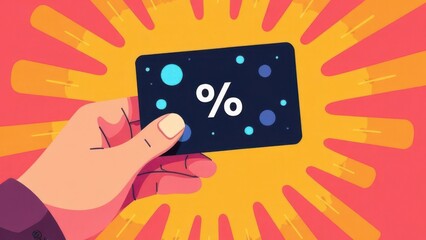 A hand is presenting a black discount card featuring a percentage symbol against a vibrant, colorful burst background. The design emphasizes savings and promotional offers.