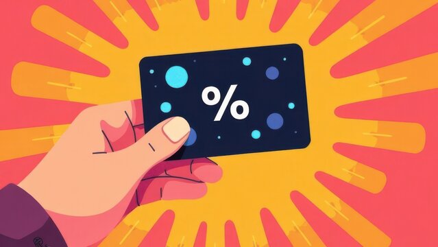 A hand is presenting a black discount card featuring a percentage symbol against a vibrant, colorful burst background. The design emphasizes savings and promotional offers.