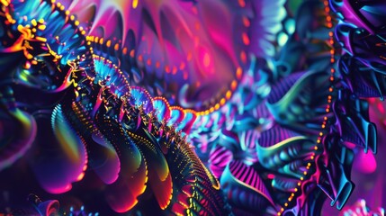 a colorful psychedelic artwork with intricate patterns and neon hues, No objects, white space in the center of the page for text