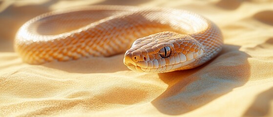 Fototapeta premium Desert snake coiled in sand, sunlight