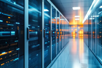 Server racks in server room cloud data center. Exit door. Datacenter hardware cluster