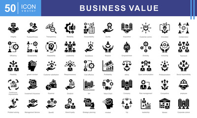 Business Value theme icon set visually represents the core principles of creating, delivering, and measuring value in a business context. Designed with a sleek and professional aesthetic.