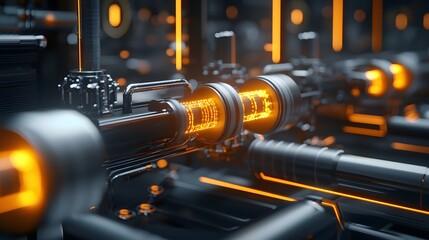 High-Resolution Image of an Interior Reactor Chamber Displaying Complex Pipework with Vibrant Orange Highlights and Advanced Technical Design Features