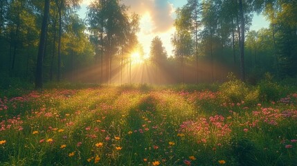 Obraz premium Serene sunrise over vibrant wildflower meadow in forest clearing