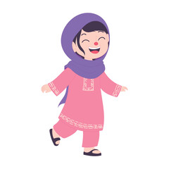 Cheerful Muslim girl in traditional attire, smiling joyfully, celebrating Ramadan with happiness.