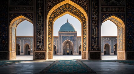 Intricate Islamic Architectural Artwork Showcasing Detailed Arches and Colorful Tiles in a Grand Courtyard with a Dome Against a Bright Blue Sky