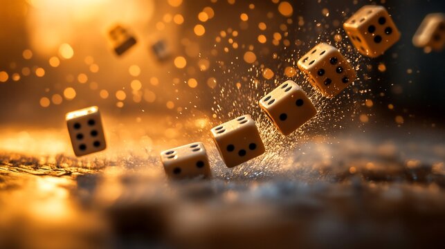 Dice splash, gamble, luck, chance, golden light, game, background blur, website banner