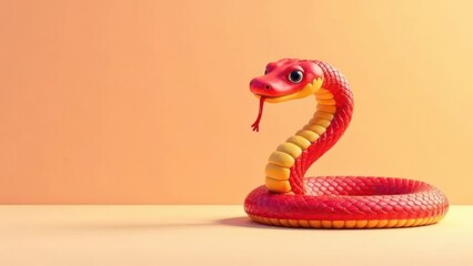 Fototapeta premium A vibrant animated snake stands upright with a joyful expression. Its scales are a mix of red and yellow, and it appears to be playfully extending its tongue. Copy space