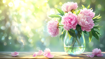 Pink peonies in sunlight-filled vase