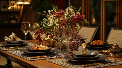 Elegant Dinner Table Setting with Flower Arrangement and Dinnerware
